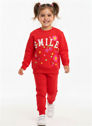 1841- Çiçek Baskılı Kız Çocuk Takım - Kırmızı