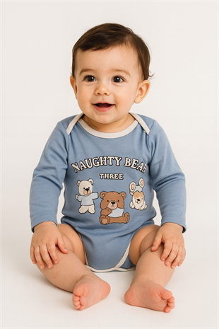 1856 - Naughty Bear Baskılı  Erkek Bebek Çıtçıtlı Body - Buz mavisi