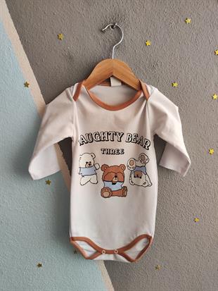 1856 - Naughty Bear Baskılı  Erkek Bebek Çıtçıtlı Body - Beyaz