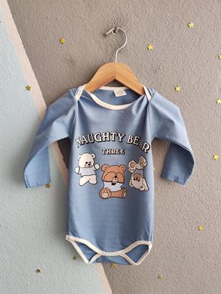 1856 - Naughty Bear Baskılı  Erkek Bebek Çıtçıtlı Body - Buz mavisi