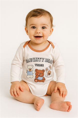 1856 - Naughty Bear Baskılı  Erkek Bebek Çıtçıtlı Body - Beyaz