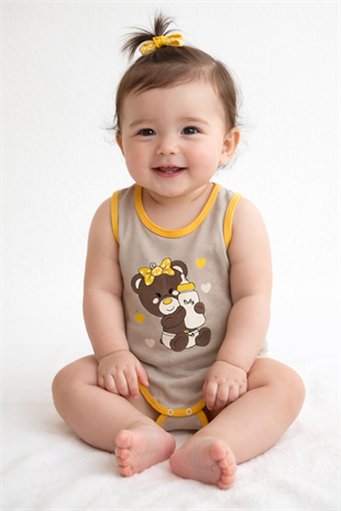 1858 - Kurdeleli Ayıcık Baskılı  Kız  Bebek Çıtçıtlı Body - Gri - Sarı