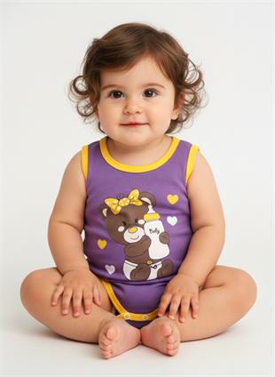 1858 - Kurdeleli Ayıcık Baskılı  Kız  Bebek Çıtçıtlı Body - Lila