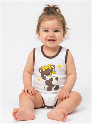 1858 - Kurdeleli Ayıcık Baskılı  Kız  Bebek Çıtçıtlı Body - Beyaz