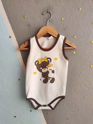 1858 - Kurdeleli Ayıcık Baskılı  Kız  Bebek Çıtçıtlı Body - Beyaz