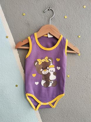 1858 - Kurdeleli Ayıcık Baskılı  Kız  Bebek Çıtçıtlı Body - Lila