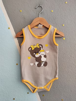 1858 - Kurdeleli Ayıcık Baskılı  Kız  Bebek Çıtçıtlı Body - Gri - Sarı