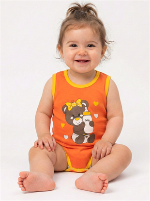1858 - Kurdeleli Ayıcık Baskılı  Kız  Bebek Çıtçıtlı Body - Turuncu