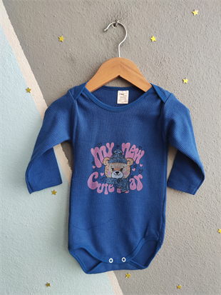 1859 - Atkılı Ayıcık Baskılı  Kız  Bebek Çıtçıtlı Body - Saks