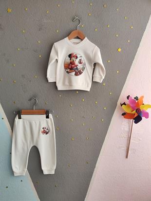 1878 -  Karakter Baskılı Mevsimlik Aylık Kız Bebek Takımı - Beyaz