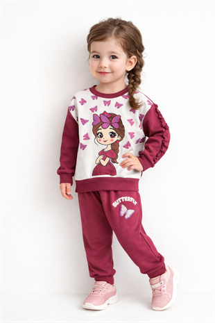 1912 - Karakter Baskılı Kız Çocuk Takımı - Vişne