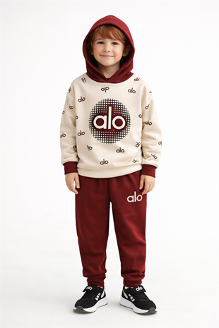 1918 - Kapüşonlu Baskılı Erkek Çocuk Takım - Bordo - Krem
