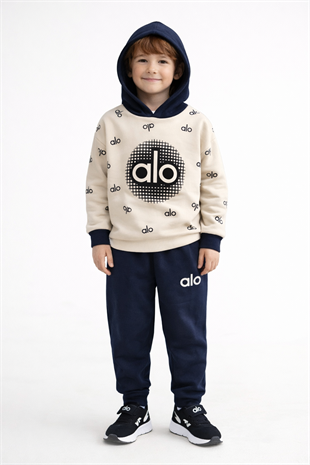 1918 - Kapüşonlu Baskılı Erkek Çocuk Takım - Lacivert - Krem