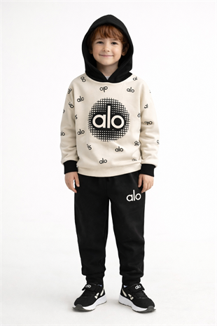 1918 - Kapüşonlu Baskılı Erkek Çocuk Takım - Siyah - Krem