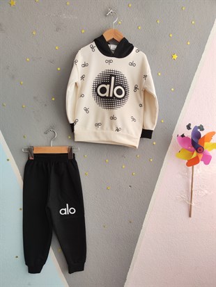 1918 - Kapüşonlu Baskılı Erkek Çocuk Takım - Siyah - Krem