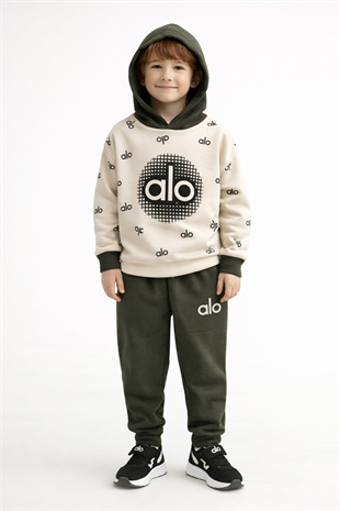 1918 - Kapüşonlu Baskılı Erkek Çocuk Takım - Haki - Krem