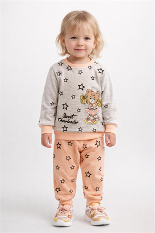 1920 - Yıldız ve Ayıcık Baskılı Mevsimlik Kız Çocuk Takım - Somon