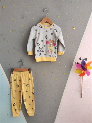 1920 - Yıldız ve Ayıcık Baskılı Mevsimlik Kız Çocuk Takım - Sarı