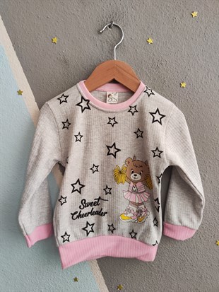 1920 - Yıldız ve Ayıcık Baskılı Mevsimlik Kız Çocuk Takım - Pembe