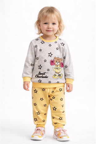 1920 - Yıldız ve Ayıcık Baskılı Mevsimlik Kız Çocuk Takım - Sarı