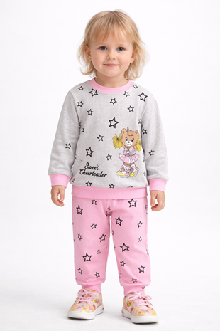 1920 - Yıldız ve Ayıcık Baskılı Mevsimlik Kız Çocuk Takım - Pembe
