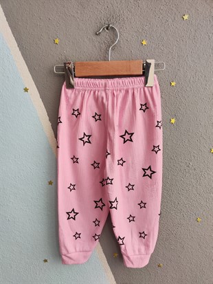 1920 - Yıldız ve Ayıcık Baskılı Mevsimlik Kız Çocuk Takım - Pembe