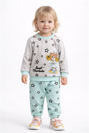 1920 - Yıldız ve Ayıcık Baskılı Mevsimlik Kız Çocuk Takım - Yeşil