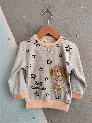 1920 - Yıldız ve Ayıcık Baskılı Mevsimlik Kız Çocuk Takım - Somon