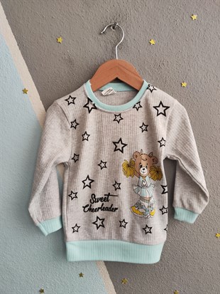 1920 - Yıldız ve Ayıcık Baskılı Mevsimlik Kız Çocuk Takım - Yeşil