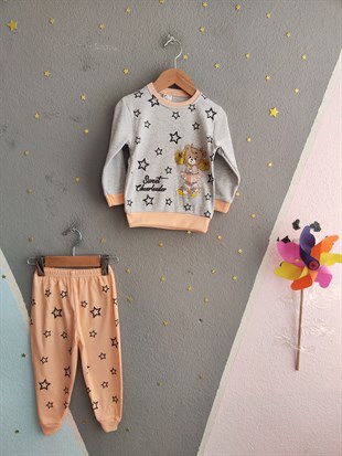 1920 - Yıldız ve Ayıcık Baskılı Mevsimlik Kız Çocuk Takım - Somon