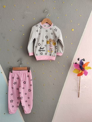 1920 - Yıldız ve Ayıcık Baskılı Mevsimlik Kız Çocuk Takım - Pembe