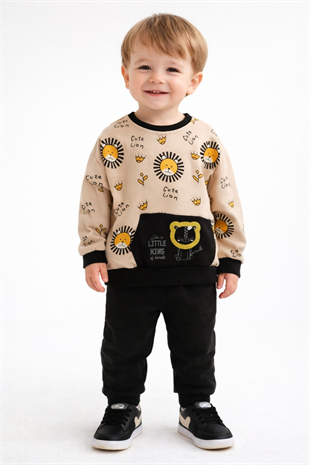 1923 - Aslan Baskılı Mevsimlik Erkek Çocuk Takım - Siyah - Krem