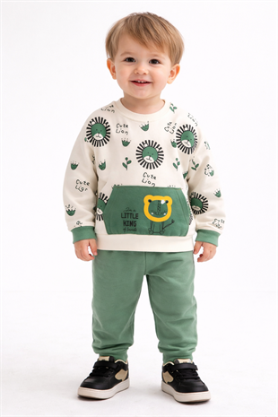 1923 - Aslan Baskılı Mevsimlik Erkek Çocuk Takım - Yeşil - Beyaz