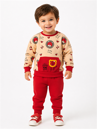 1923 - Aslan Baskılı Mevsimlik Erkek Çocuk Takım - Krem - Kırmızı