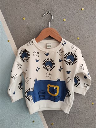 1923 - Aslan Baskılı Mevsimlik Erkek Çocuk Takım - Mavi - Beyaz