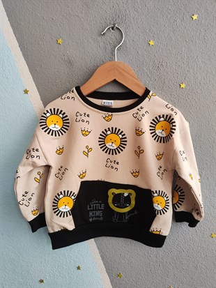 1923 - Aslan Baskılı Mevsimlik Erkek Çocuk Takım - Siyah - Krem