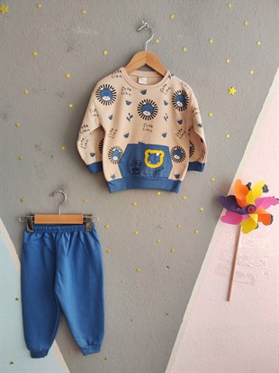 1923 - Aslan Baskılı Mevsimlik Erkek Çocuk Takım - Krem - Mavi