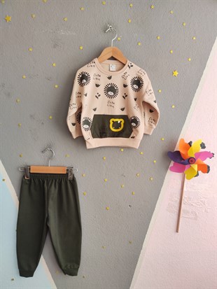 1923 - Aslan Baskılı Mevsimlik Erkek Çocuk Takım - Krem - Haki