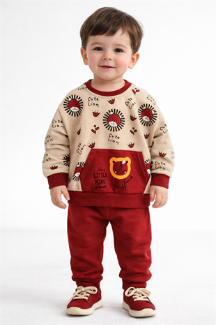 1923 - Aslan Baskılı Mevsimlik Erkek Çocuk Takım - Bordo - Krem