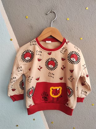 1923 - Aslan Baskılı Mevsimlik Erkek Çocuk Takım - Krem - Kırmızı