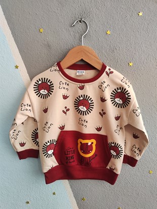 1923 - Aslan Baskılı Mevsimlik Erkek Çocuk Takım - Bordo - Krem