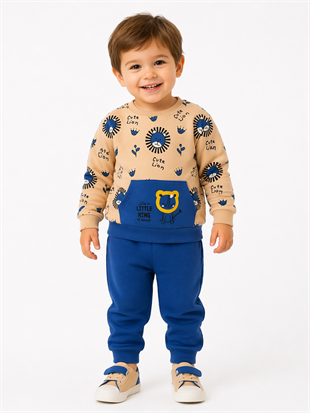 1923 - Aslan Baskılı Mevsimlik Erkek Çocuk Takım - Krem - Saks