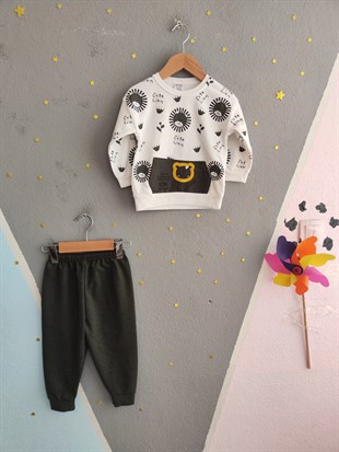 1923 - Aslan Baskılı Mevsimlik Erkek Çocuk Takım - Haki - Beyaz