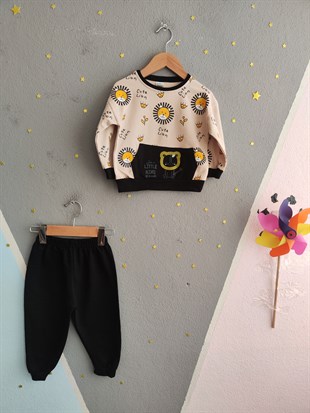 1923 - Aslan Baskılı Mevsimlik Erkek Çocuk Takım - Siyah - Krem