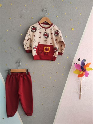 1923 - Aslan Baskılı Mevsimlik Erkek Çocuk Takım - Bordo - Krem