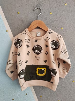 1923 - Aslan Baskılı Mevsimlik Erkek Çocuk Takım - Krem - Haki