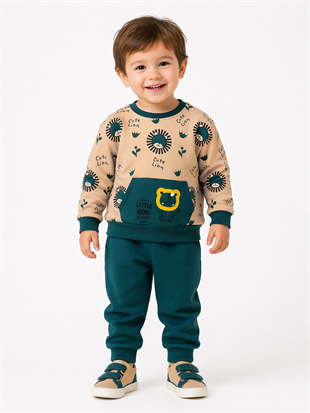 1923 - Aslan Baskılı Mevsimlik Erkek Çocuk Takım - Krem - Petrol