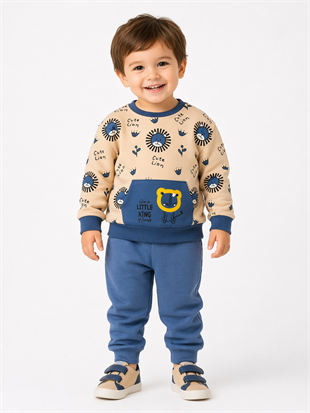 1923 - Aslan Baskılı Mevsimlik Erkek Çocuk Takım - Krem - Mavi