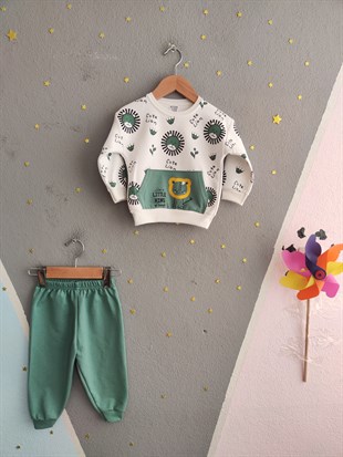 1923 - Aslan Baskılı Mevsimlik Erkek Çocuk Takım - Yeşil - Beyaz