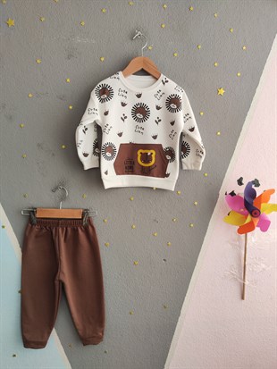 1923 - Aslan Baskılı Mevsimlik Erkek Çocuk Takım - Kahve - Beyaz